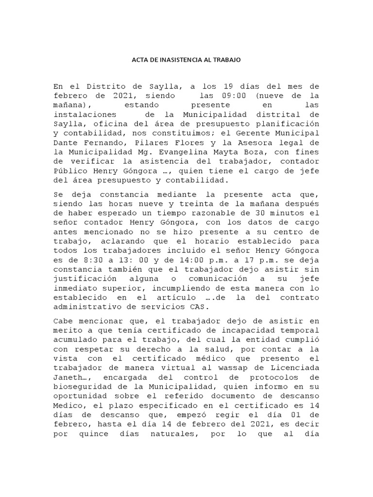 Acta de Inasistencia Laboral | PDF