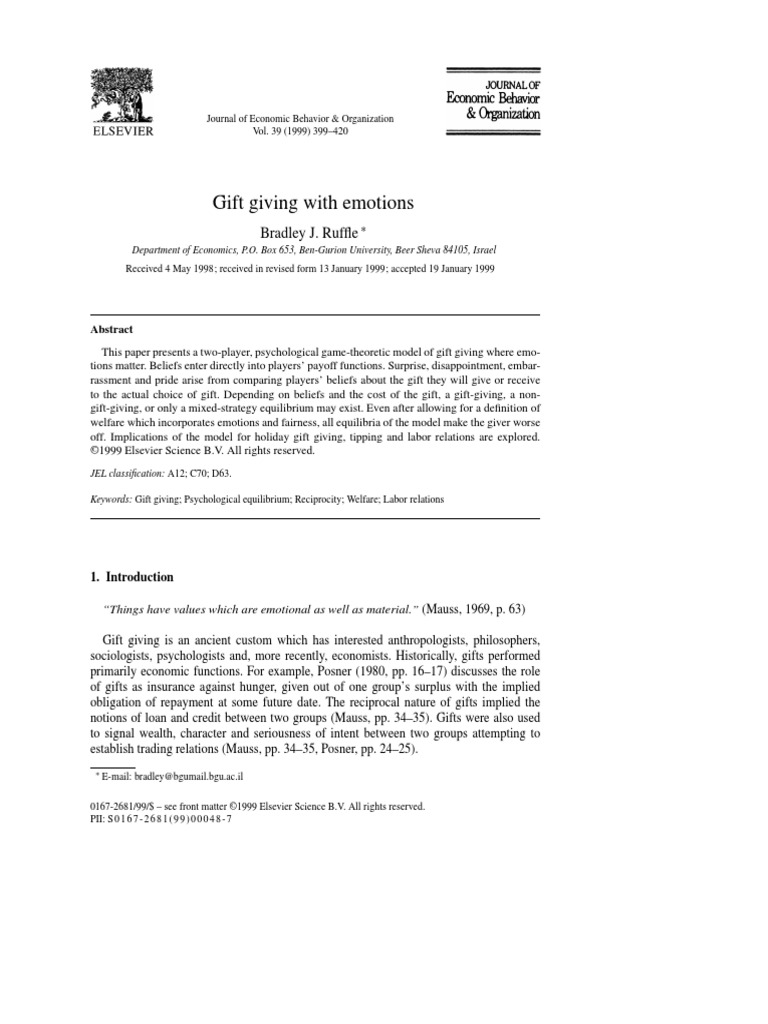 Gift Giving With Emotions Bradley J. Ruffle PDF Welfare Economics