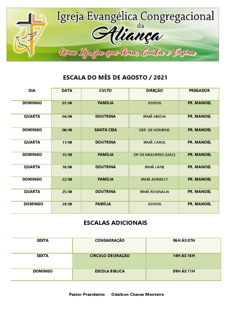 Escala Da Igreja Do Mês de Agosto | PDF