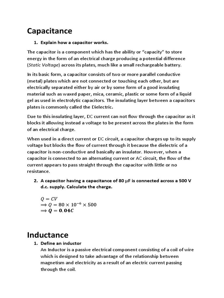 Capacitance 1. Explain How A Capacitor Works PDF Capacitor