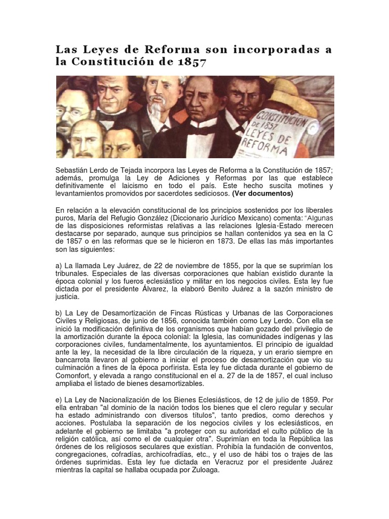 Las Leyes de Reforma Son Incorporadas A La Constitución de 1857 | PDF ...