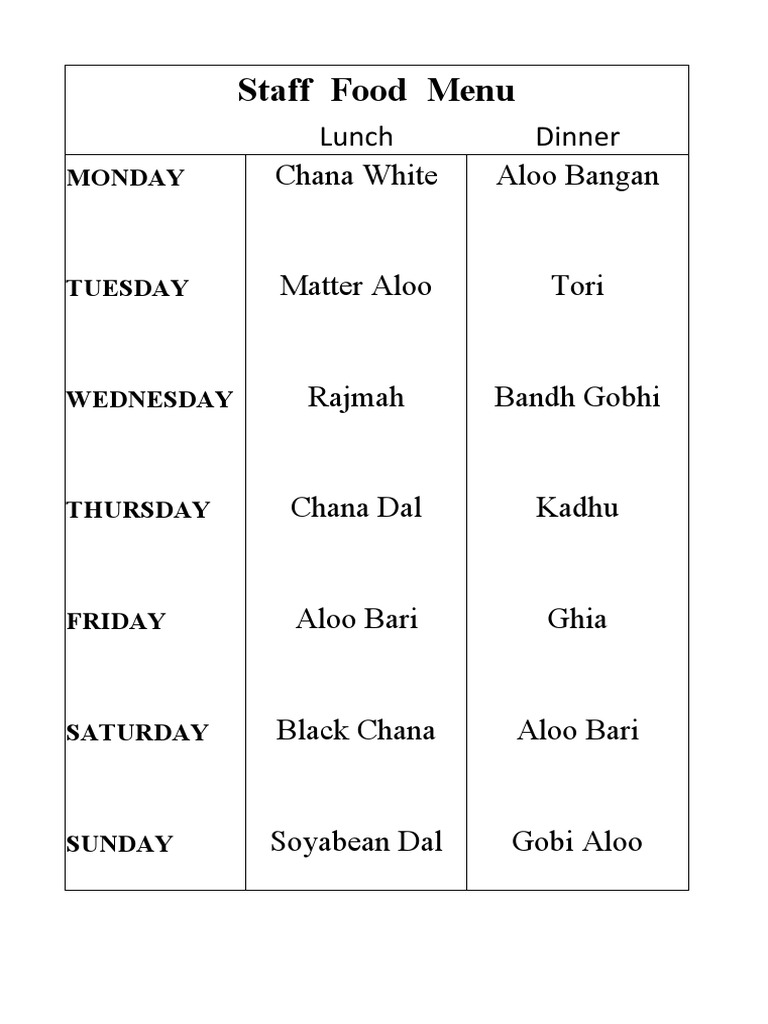 Weekly Staff Food Menu | PDF