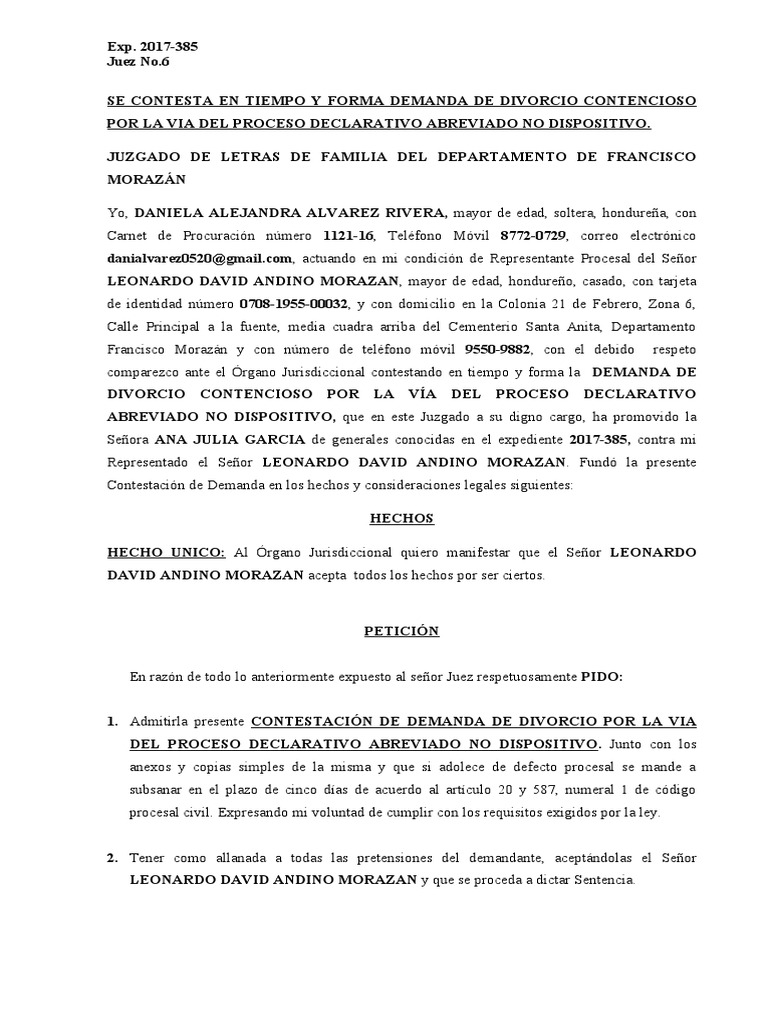 Contestacion de Divorcio Contencioso Honduras | PDF | Demanda judicial |  Divorcio