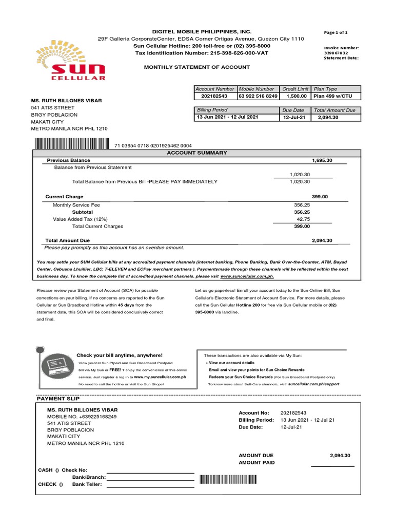 Sun Cellular Monthly Statement Overview | PDF | Metro Manila | Payments