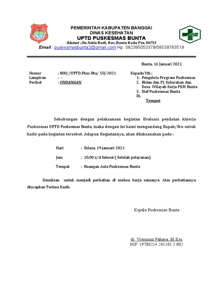 Surat Undangan Evaluasi Kinerja Puskesmas Bunta 2021 | PDF