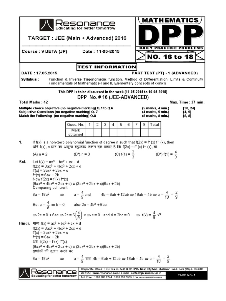 JEE Advanced 2016 Part Test 1 DPP | PDF | Elementary Mathematics ...