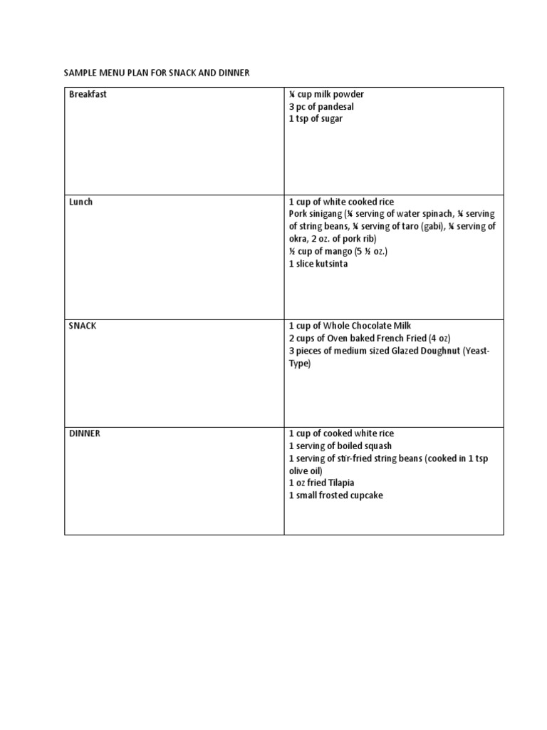 Sample Menu Plan for Snacks & Dinner | PDF