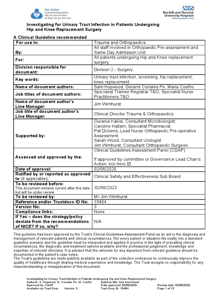 Investigating For Urinary Tract Infection in Patients Undergoing Hip