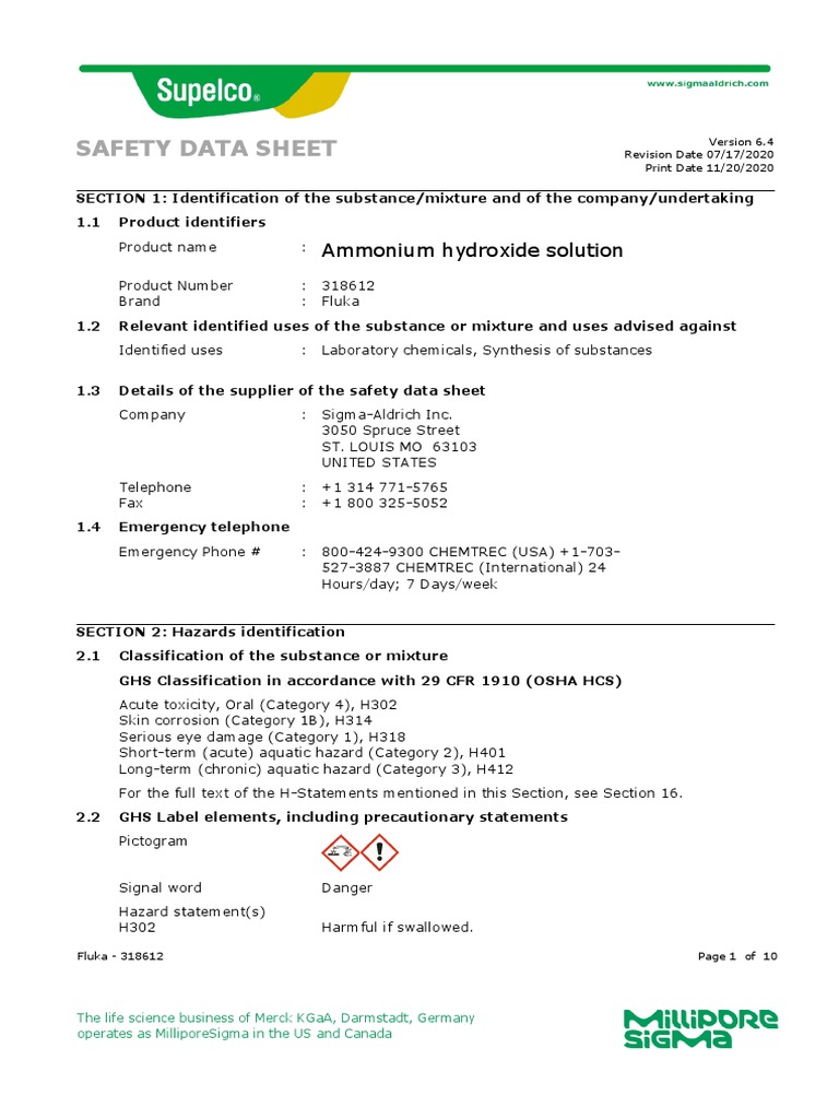 Safety Data Sheet Ammonium Hydroxide Solution PDF Sigma Aldrich