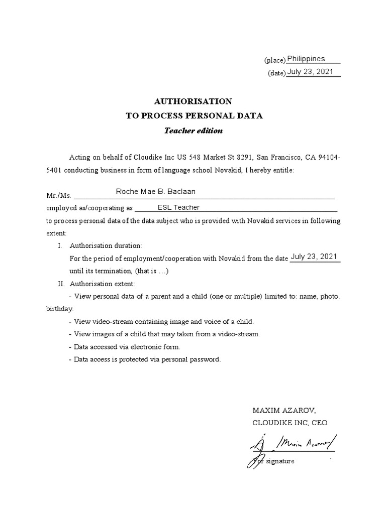 Authorization for Personal Data Processing | PDF