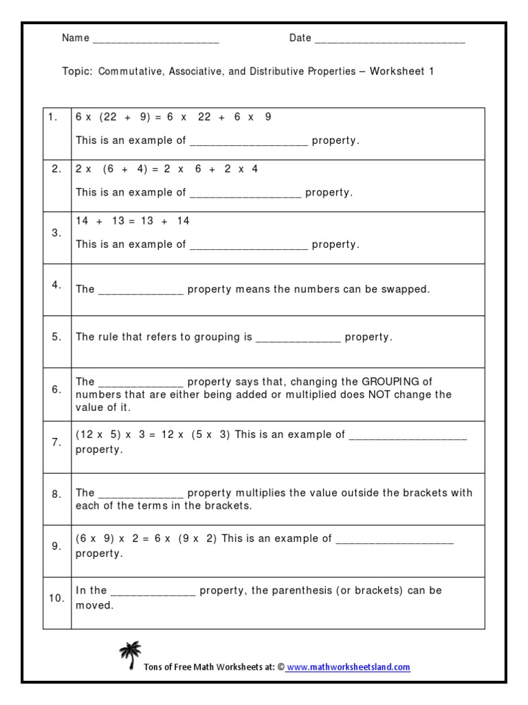 Properties of Numbers Worksheet | PDF | Bracket | Cognitive Science