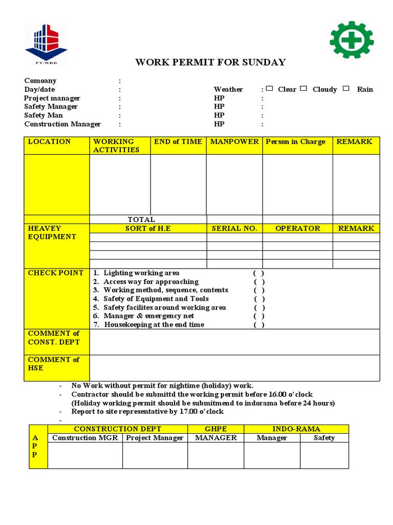 Sunday Work Permit Checklist | PDF | Computers