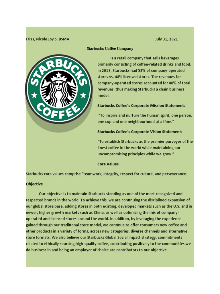 An indepth analysis of Starbucks' business model, mission, vision