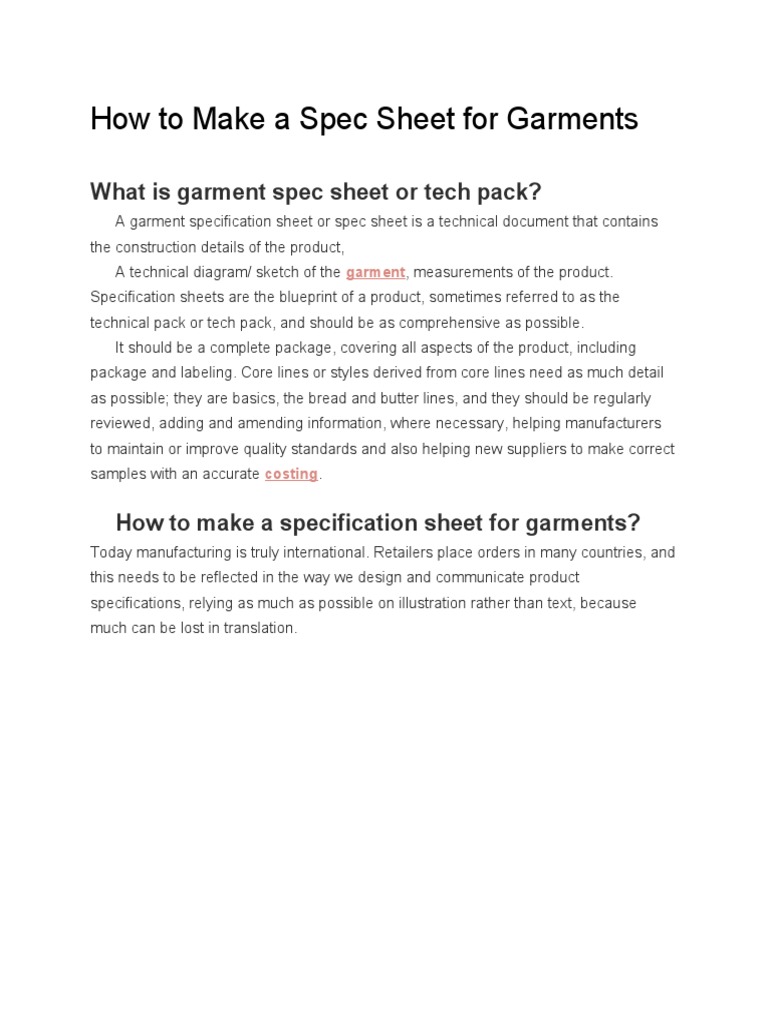 How To Make A Spec Sheet For Garments PDF Specification (Technical