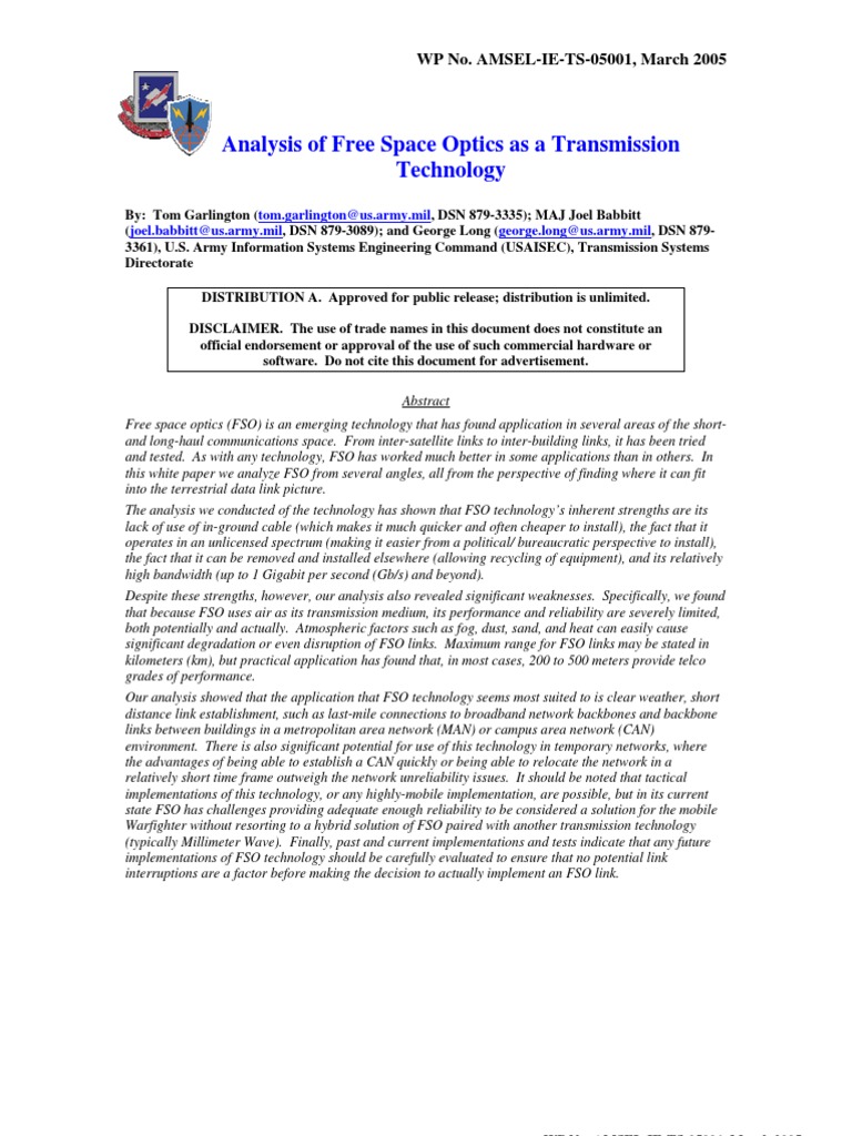 Analysis of Free Space Optics As A Transmission Technology Mar05 | PDF ...