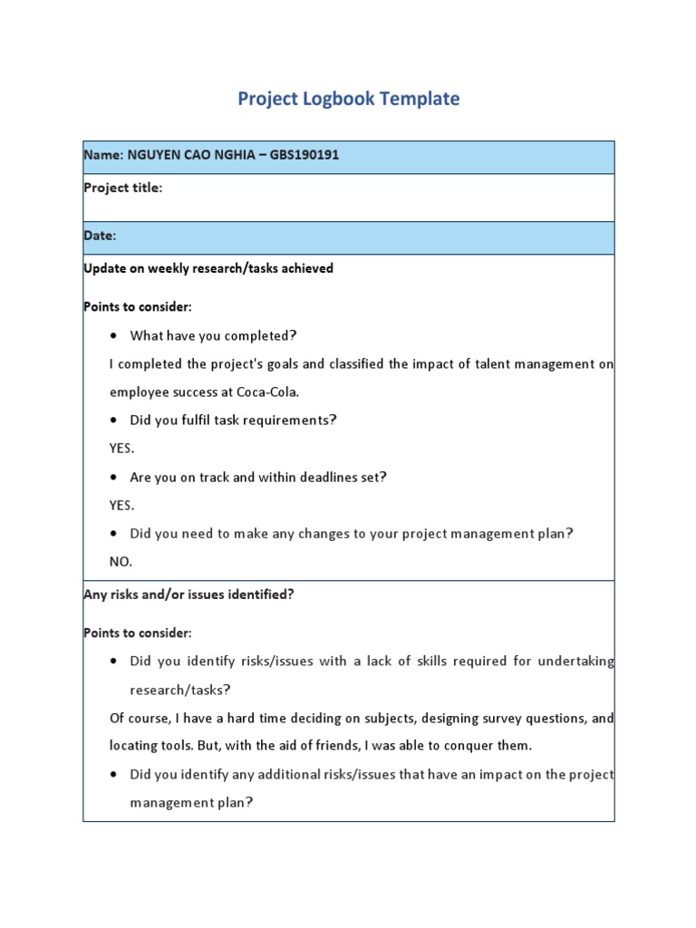 Project Logbook Template | PDF | Talent Management | Applied Psychology