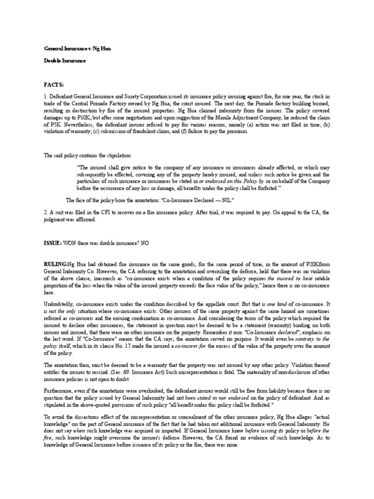 Double Insurance Ruling on Whether Concealment of Additional Insurance