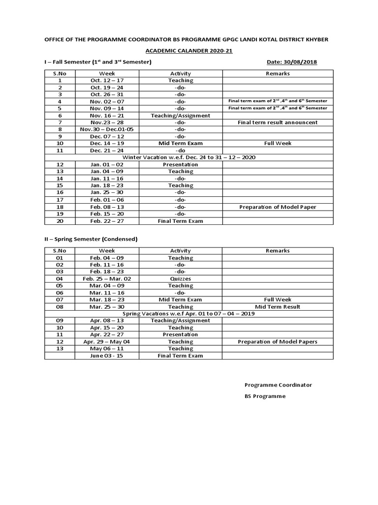 Academic Calendar Fall 201819 PDF Academic Term Academia