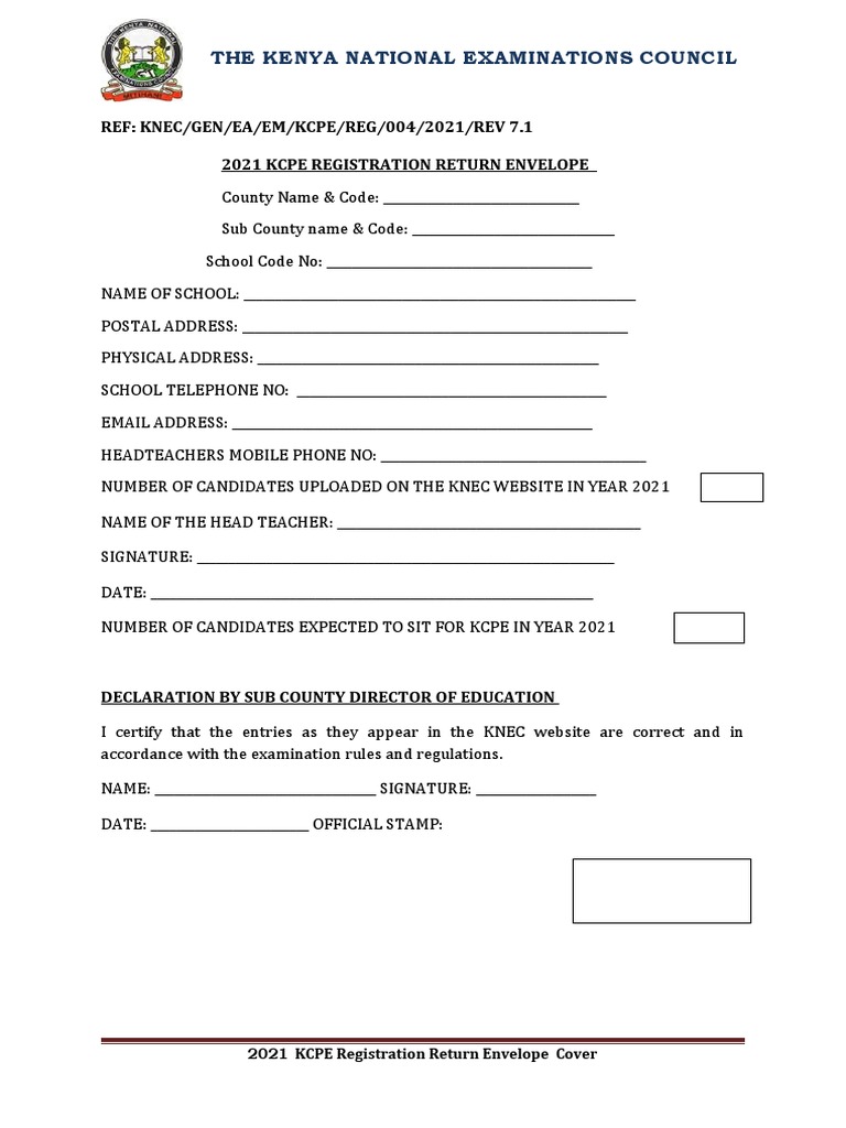 KCPE Return Envelope PDF