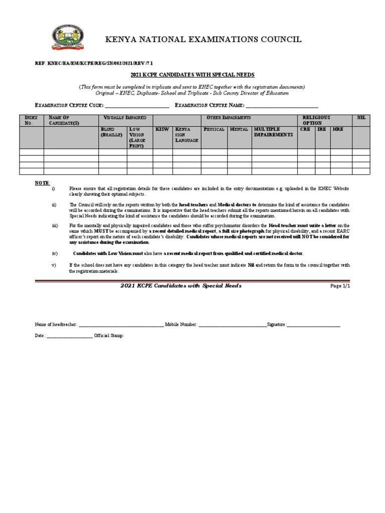 2021 KCPE Candidates With Special Needs PDF Visual Impairment