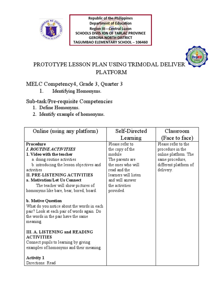 Prototype Lesson Plan Using Trimodal Delivery Platform | PDF | Learning ...