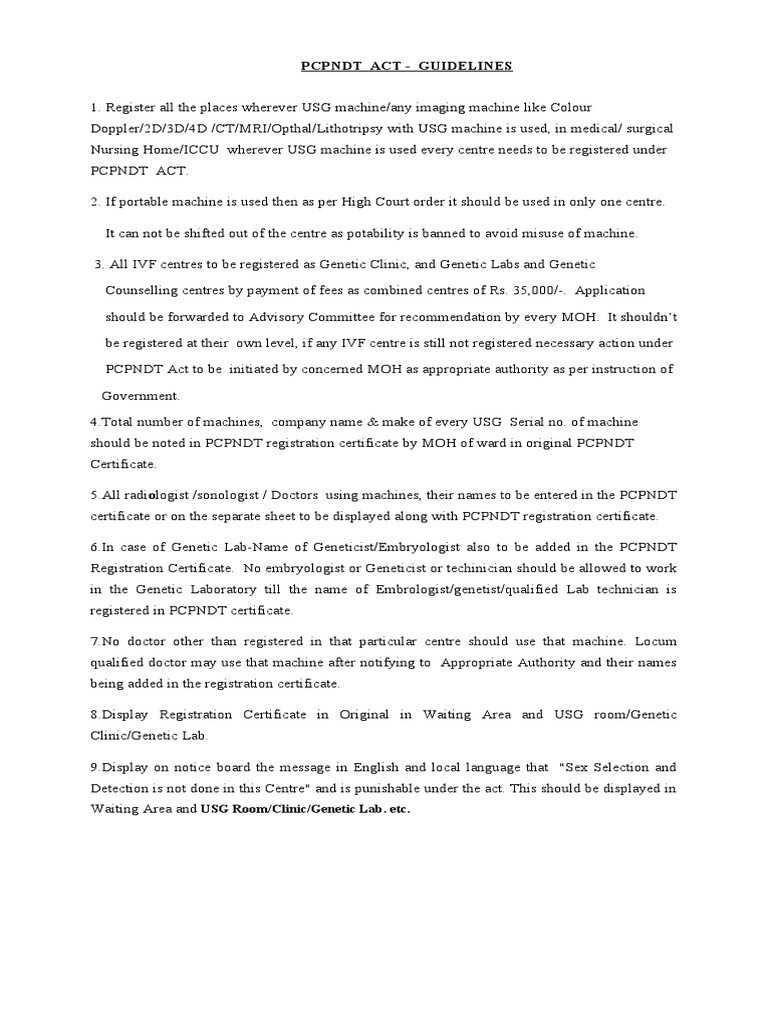 PCPNDT Act Guidelines: USG Room/Clinic/Genetic Lab Etc PDF