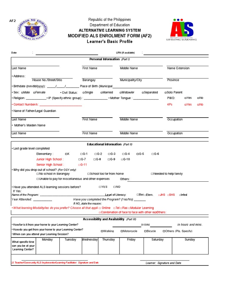 Modified Als Enrolment Form (Af2) Learner's Basic Profile Republic of
