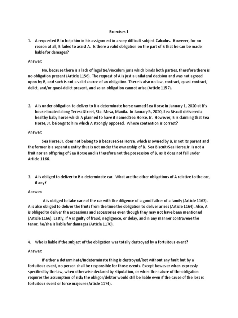 Oblicon Exercises 1 | PDF | Law Of Obligations | Common Law