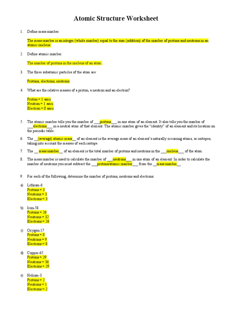 Atomic Structure Worksheet: The Number of Protons in The Nucleus of An ...