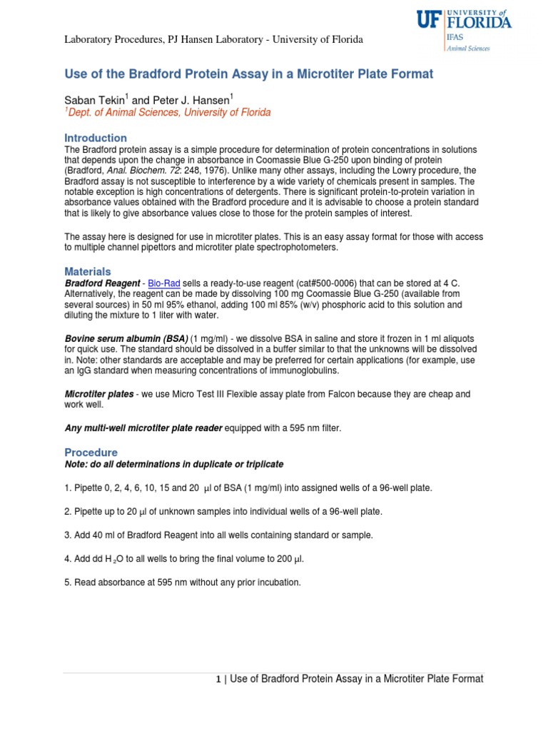 Bradford Protein Assay Microtiter Plate PDF Biology Scientific