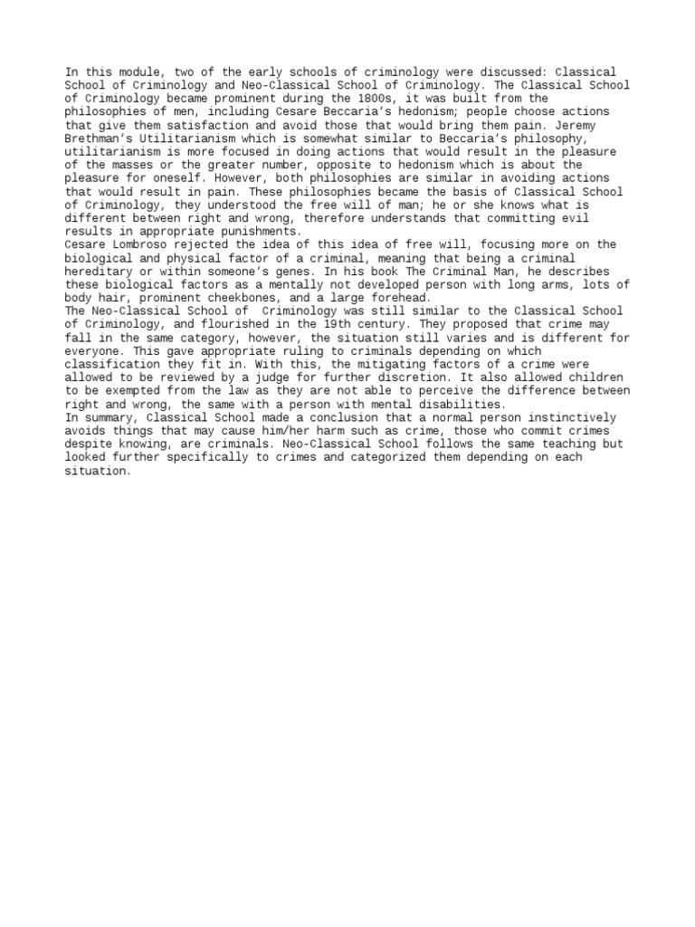 What Are The Differences Between Pre Classical Classical And Neo Classical Schools Of Criminology