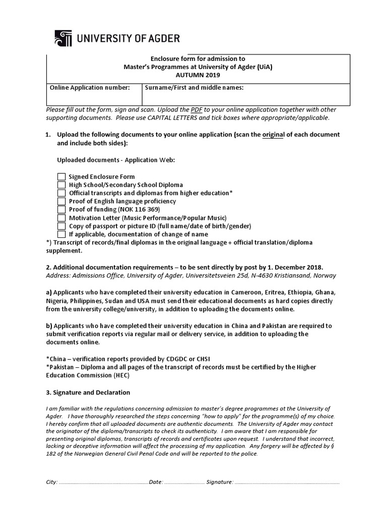 Master's Admission Enclosure Form | PDF | Diploma | Signature