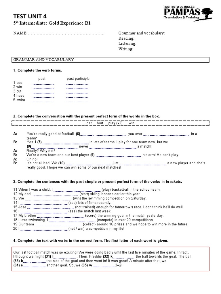 Gold Experience B1 Progress Test 1