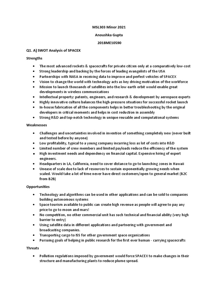 SpaceX SWOT and PESTEL Analysis | PDF | Space X | Human Spaceflight
