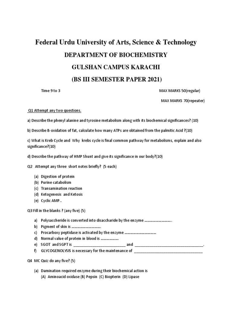 Paper 3 Online Biochemistry For July 2021 Revised | PDF | Biochemistry ...