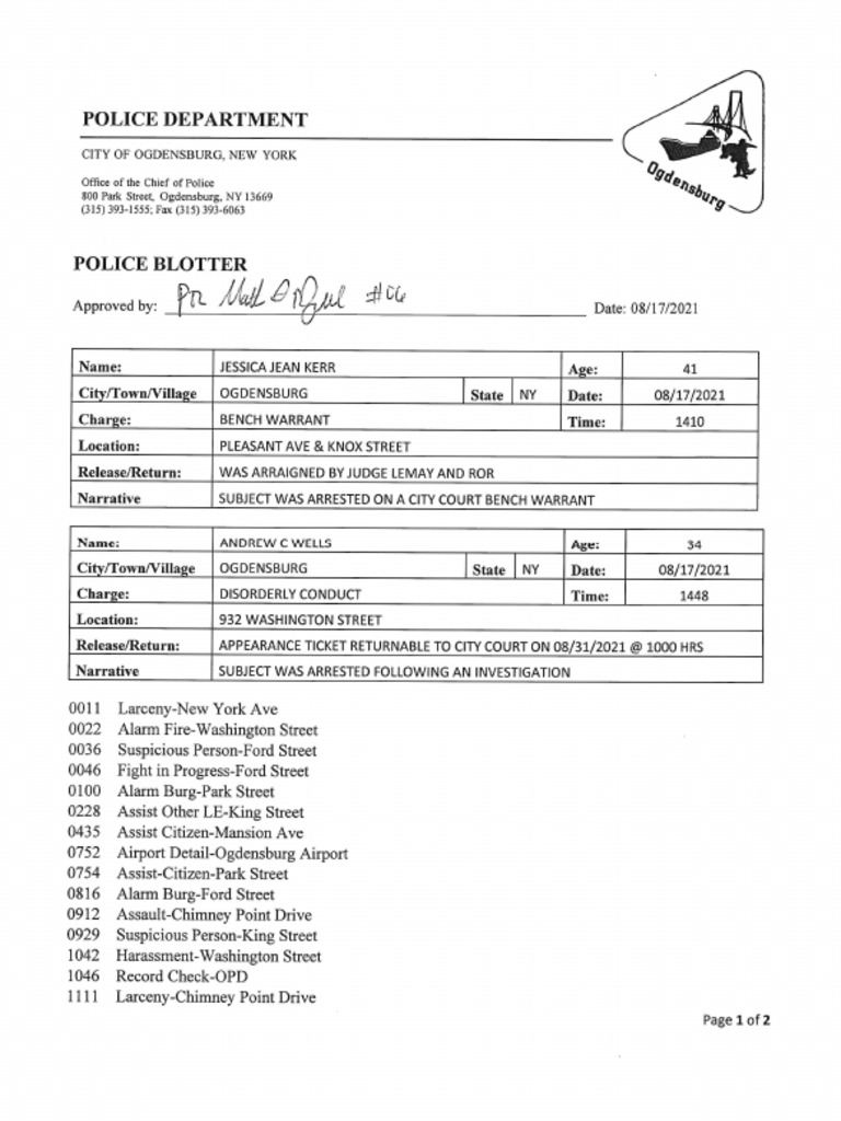 Ogdensburg Police Department Aug. 17, 2021 PDF