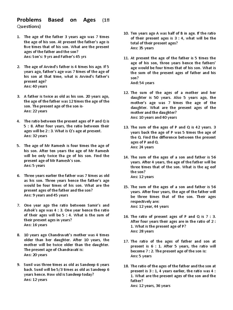 Problems Based On Ages: (18 Questions) | PDF | Division (Mathematics ...