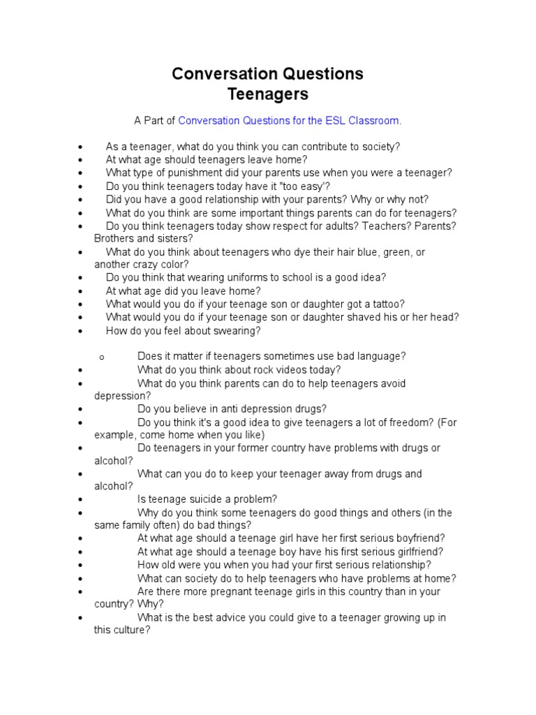 Conversation Questions Teenagers PDF Adolescence Juvenile Delinquency