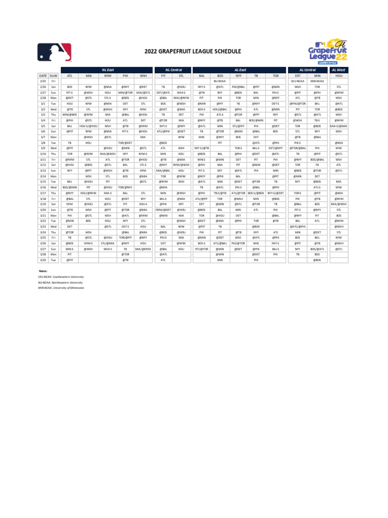 2022 Grapefruit League Schedule PDF
