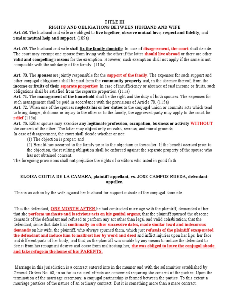 Rights and Obligations of Husband and Wife | PDF | Marriage | Wife