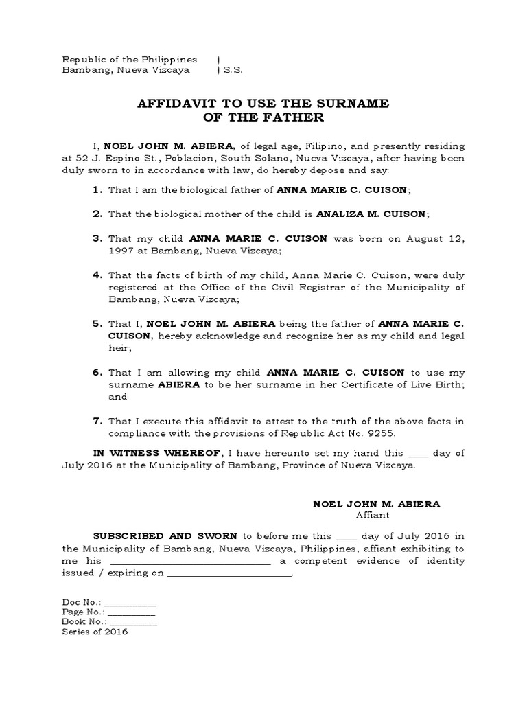 Affidavit To Use Surname of Father | PDF | Affidavit | Family