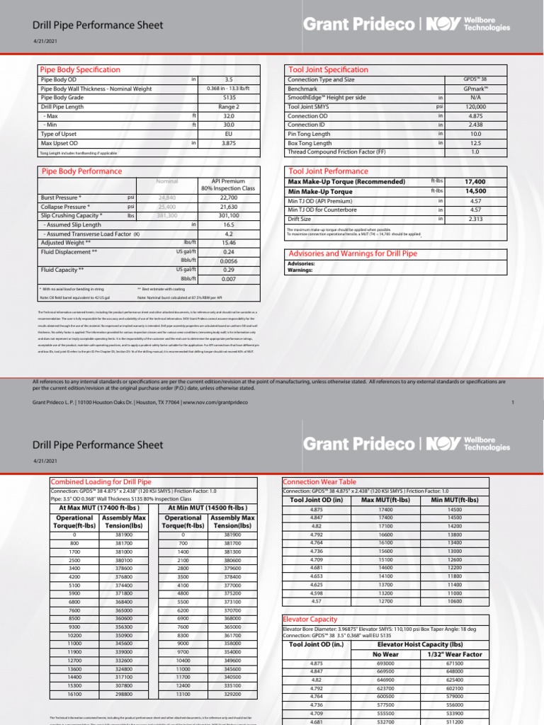 Drill Pipe Performance Sheet Pipe Body Specification Tool Joint