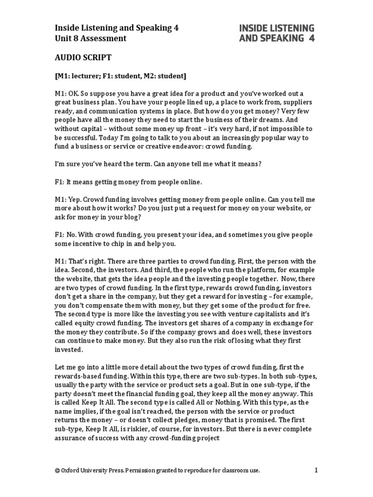 Inside Listening and Speaking 4 Unit 8 Assessment Audio Script | PDF ...