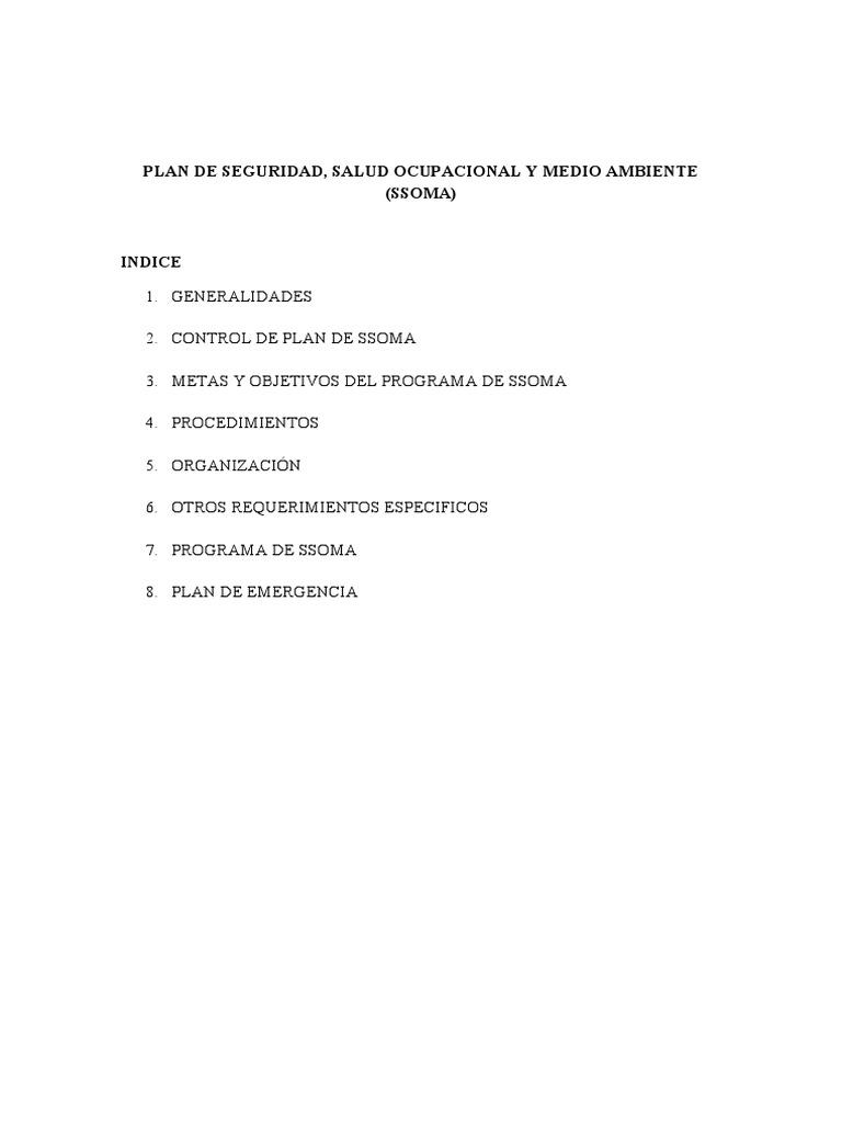 PLAN de SEGURIDAD Salud Ocupacional y Medio Ambiente | PDF ...