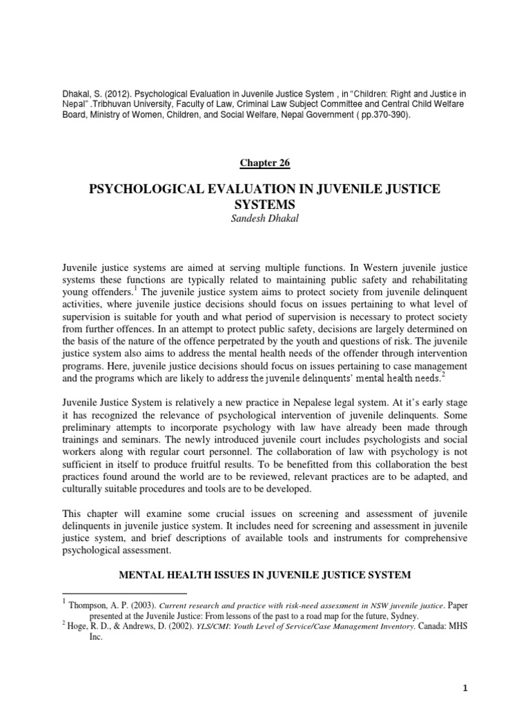 Psychological Evaluation in Juvenile Jus PDF Mental Disorder
