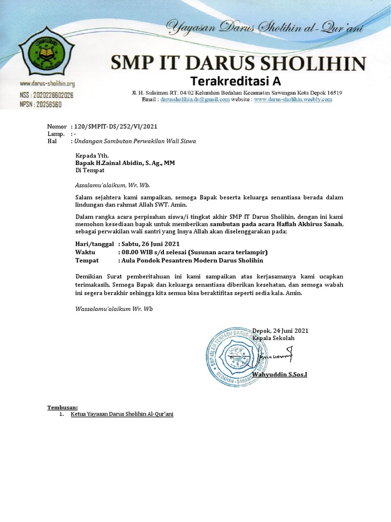 Surat Undangan Sambutan Wali Santri | PDF