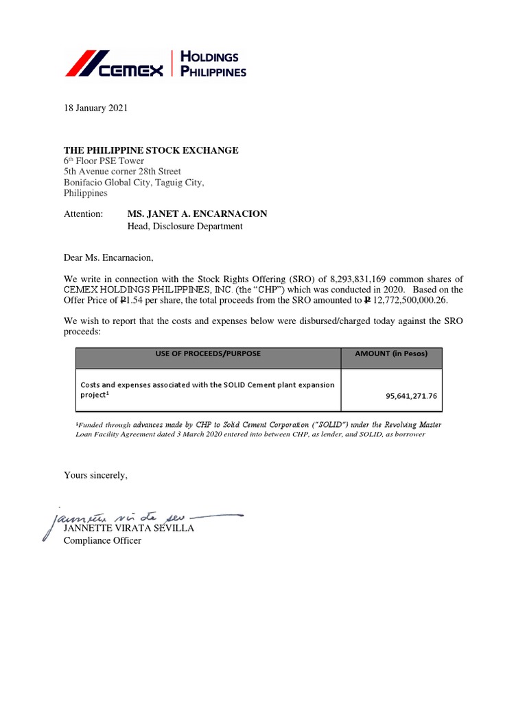 CHP Letter To PSE Dated 18 Jan 2021 - Use of Proceeds 16th Report S ...