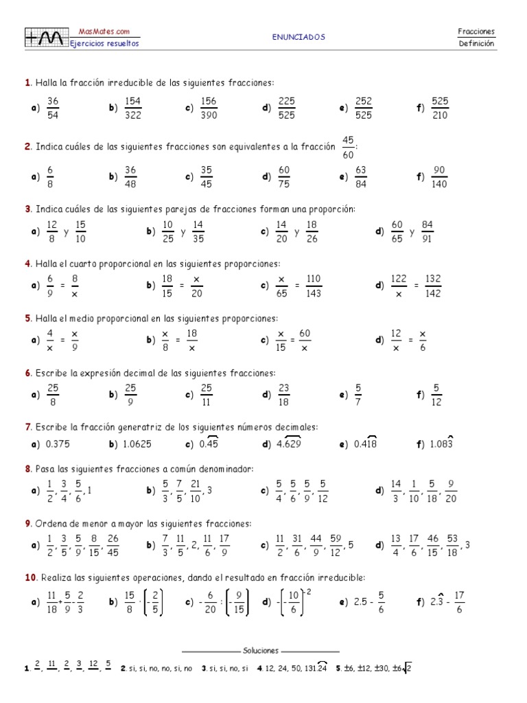Ejercicios Resueltos de Fracciones. Definición. MasMates. Matemáticas