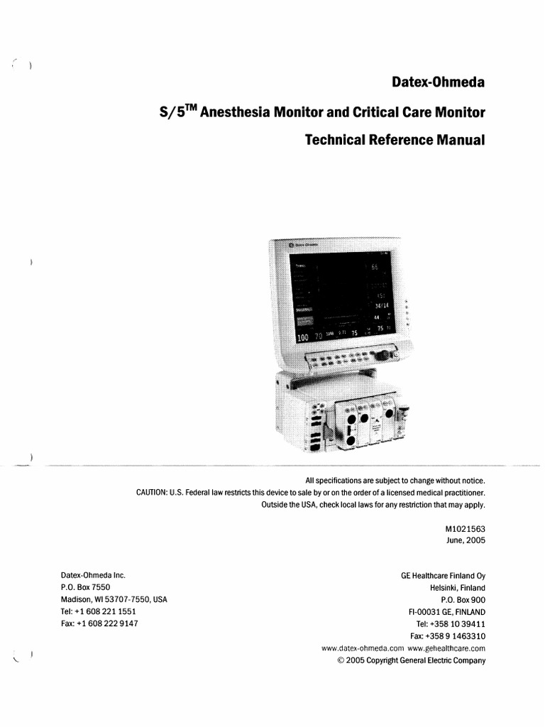 DatexOhmeda S5 Anaesthesia Monitor Technical Reference Manual (2005