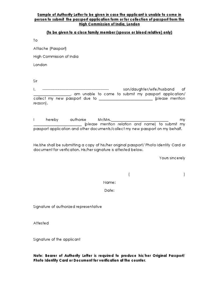 Sample of Authority Letter To Be Given in Case The Applicant Is